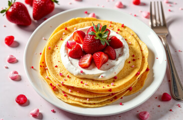 Creative breakfast for Valentine's Day. Crepes with cream cheese, ricotta and fresh strawberries. Marble background, top view, copy space. Valentine's day background