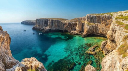 Obraz premium Stunning Coastal Bay, Crystal-Clear Waters, and Majestic Cliffs
