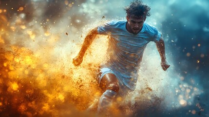 Naklejka premium Athletic male soccer player running through dramatic fiery explosion.