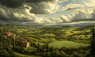 Naklejka premium A panoramic view of a lush, terraced countryside with scattered farmhouses and fields, under a dramatic sky filled with clouds.