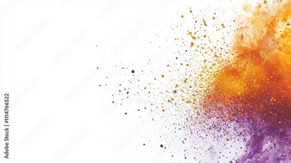 Poster orange and purple particles exploding against a white background create a vibrant, dynamic abstract 