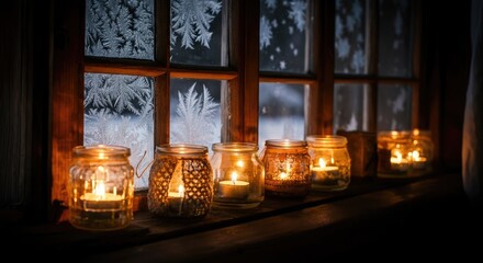Lit candles on windowsill, frosted window, winter evening