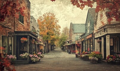 Obraz premium A picturesque street lined with quaint storefronts and blooming flower boxes captured in a grainy muted photo that transports the viewer to a time long ago.