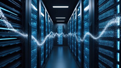 Server room and theme of flowing artificial intelligence and energy 
