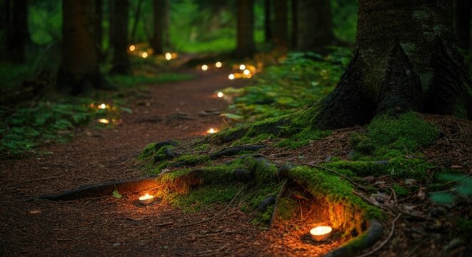 Illuminated path in dark forest with scattered small lights, moss-covered roots, creating mystical ambiance