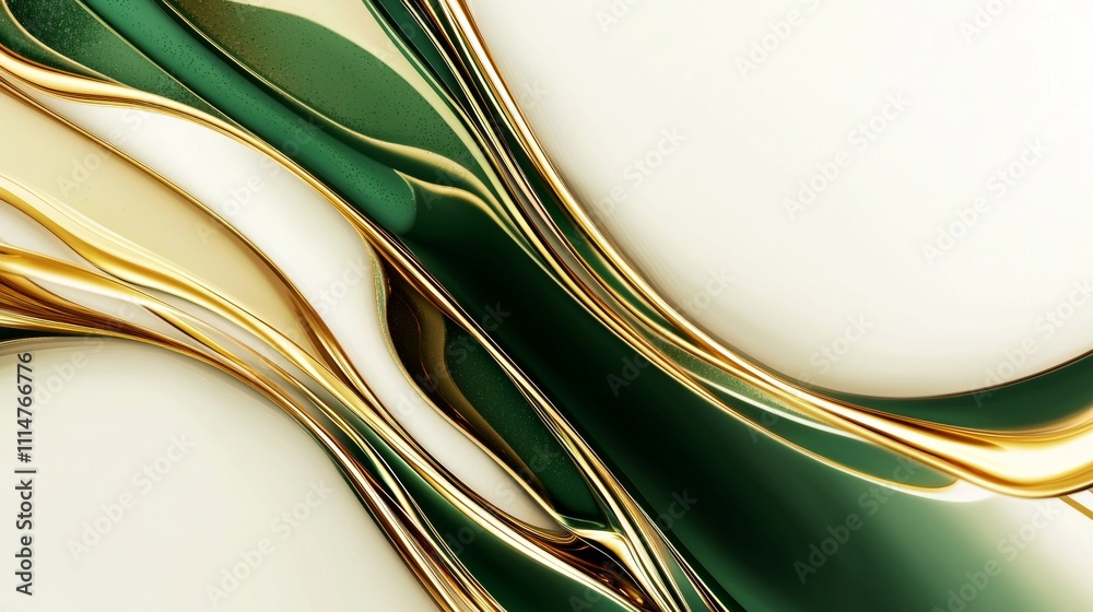 Poster luxurious abstract background featuring flowing golden and emerald green waves creating a dynamic an
