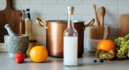 Kitchen countertop with fruits, cookware, and bottle of liquid