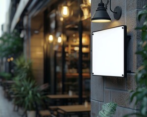 blank rectangular store signage design mockup isolated, plastic badge clear shop template firmly attached on wall outside, signboard for logo presentation of restaurant