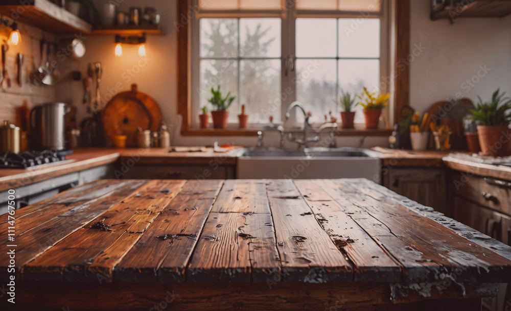 Poster wooden table with a sink in the background. there are potted plants on the table and a few on the co