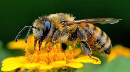   Close-up of a bee on a yellow flower surrounded by green leaves in the background