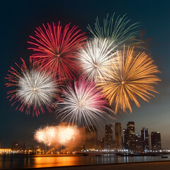 Fototapeta premium Colorful fireworks light up night sky over city skyline, reflecting on water