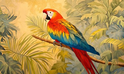 Obraz premium A vibrant scarlet macaw perched on a branch amidst tropical surroundings.