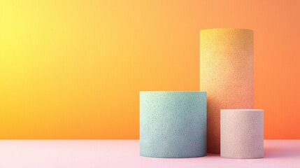 Obraz premium A pair of white vases rests beside each other on a pink-orange background, with a yellow wall in the backdrop