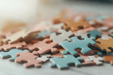 Colorful jigsaw puzzle pieces scattered on a wooden table after an afternoon of assembling
