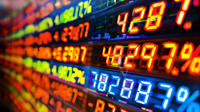 Bright digital display of stock market numbers and percentages