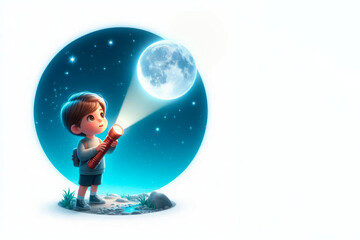 Naklejka premium A boy with a flashlight illuminates the moon. Space for text.