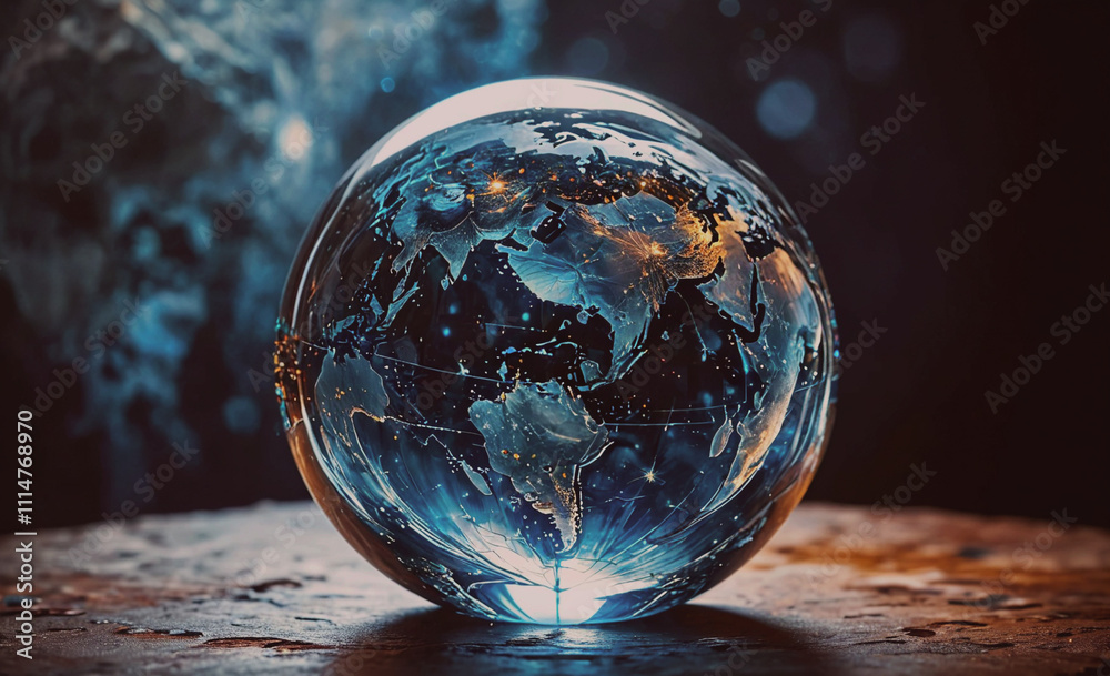 Poster globe is sitting on a table. the globe is clear and has a blue tint. the globe is the size of a bask