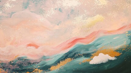 Fototapeta premium Pink brushstrokes floating gracefully above a shimmering teal and gold glittery surface evoke an abstract painting, reminiscent of a dreamy, ethereal landscape filled with tranquility