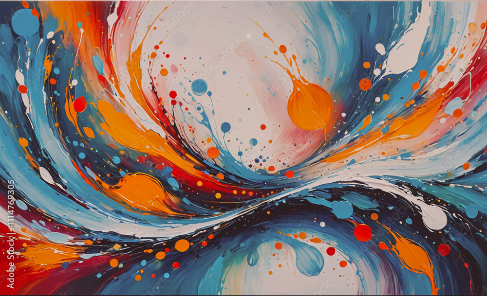 Poster painting with a blue and orange swirl. the swirl is made up of many different colors. there are also