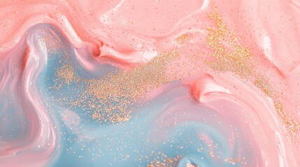 Fototapeta premium Pink and blue pastel colors swirling together, creating a marble effect with gold glitter sprinkled on top, forming a visually appealing abstract design