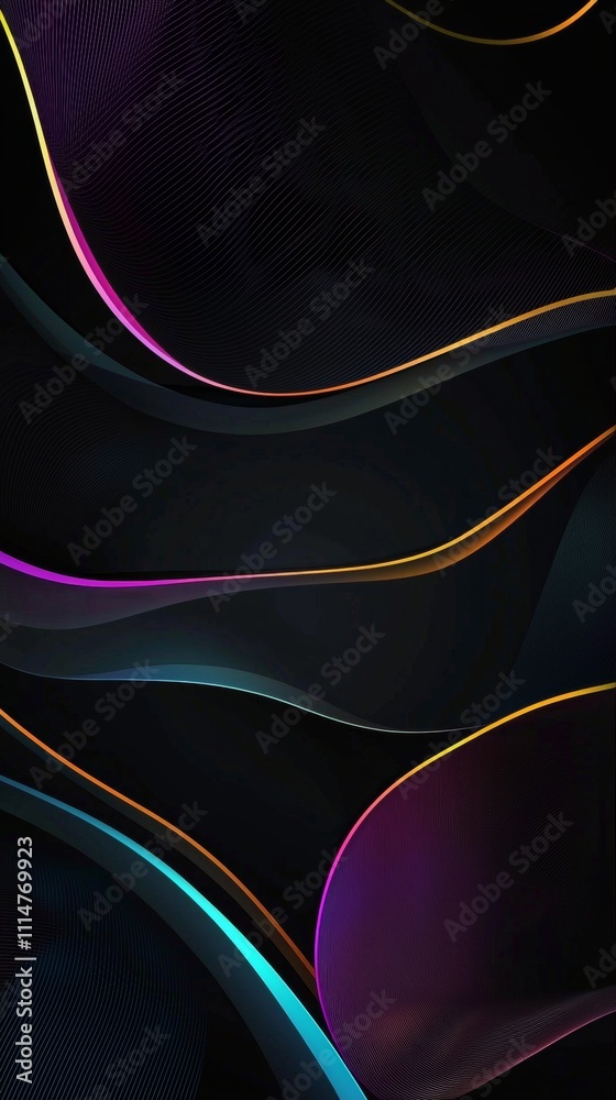 Poster abstract composition featuring vibrant neon lines gracefully flowing and intertwining against a dark
