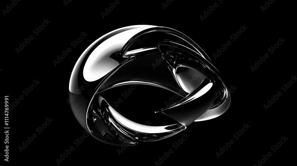 Poster glossy metallic abstract form is rotating on a black background, creating a visually captivating sce