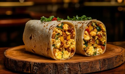 A trio of breakfast burritos filled with scrambled eggs cheese and veggies served on a wood slice plate.