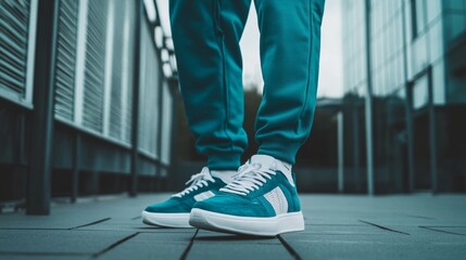 Fototapeta premium Teal Sneakers on Urban Pavement - Stylish Footwear