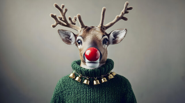 A reindeer wearing a green knitted sweater adorned with bells, featuring a bright red nose, set against a neutral background