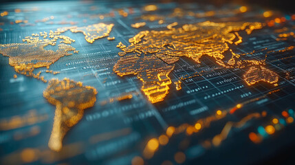 Illuminated digital world map rendered in golden data points, representing global connections and economic insights