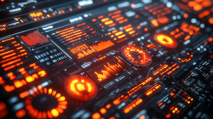 Obraz premium High-tech digital dashboard with illuminated red metrics and charts, symbolizing advanced data analytics in a futuristic environment