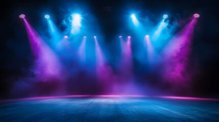 Vibrant blue and purple stage lights illuminate an empty stage, creating a dramatic and atmospheric scene perfect for a concert or performance.