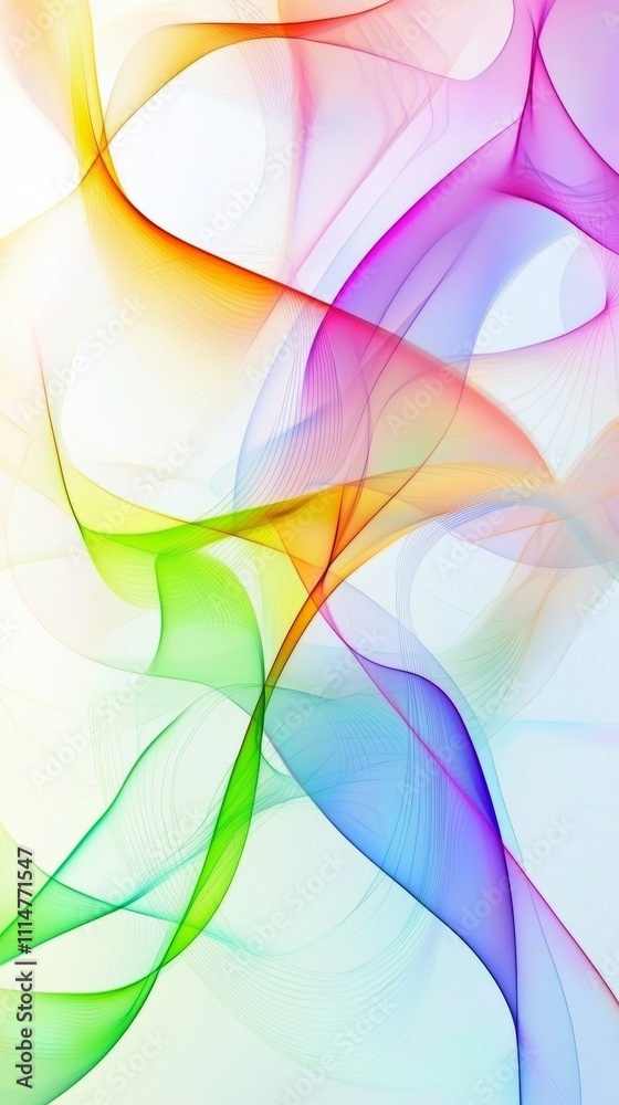 Fototapete Smooth, translucent lines in vibrant colors intertwine and flow across a light background, creating a dynamic and abstract composition with a sense of movement and energy