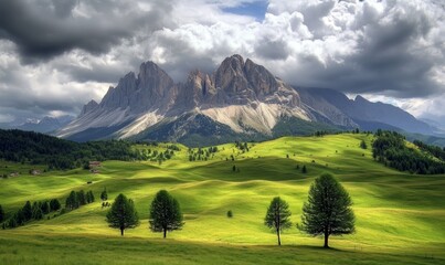 Fototapeta premium A stunning landscape with grassy hills, solitary trees, and majestic mountains in the background under a cloudy sky.