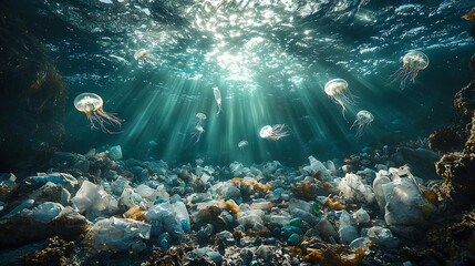 Fototapeta premium JellyFish Swimming Through Plastic Pollution