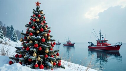 Christmas tree made from fishing rods and spinning rods decorated with fishing gear against the backdrop of fishing boats in a snowy bay