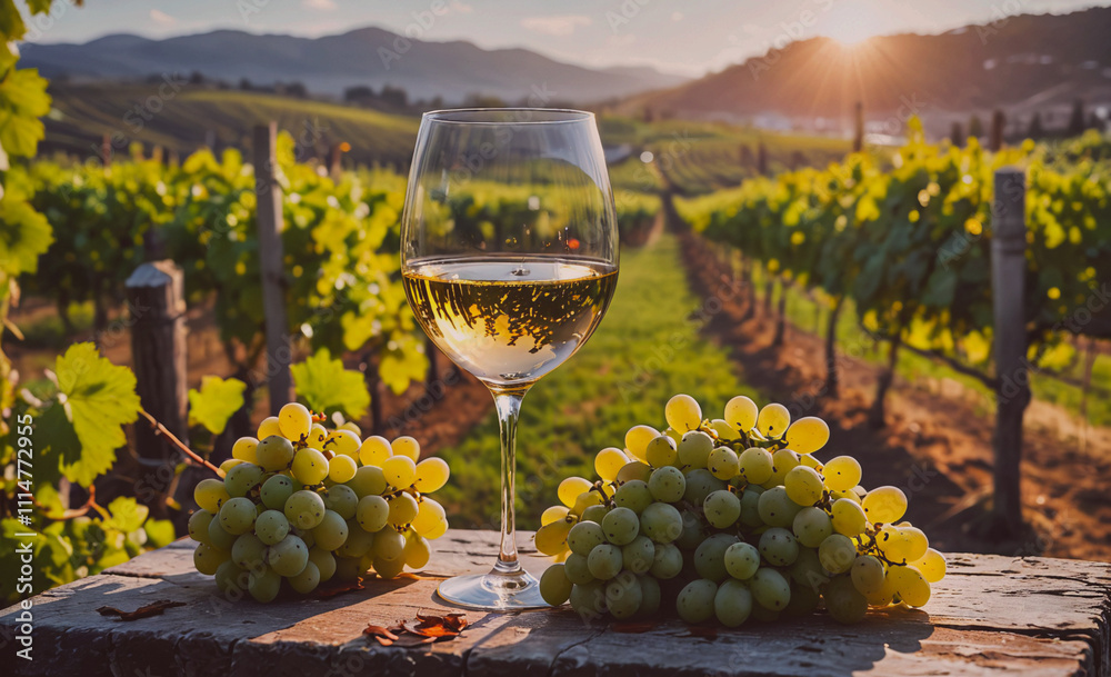 Poster Wine glass filled with white wine is placed on a table next to a bunch of grapes. The grapes are arranged in a cluster, with some grapes on the table and others hanging from a nearby vine