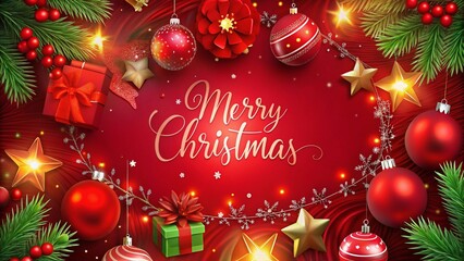 red background surrounded by christmas decorations with merry christmas written in the middle
