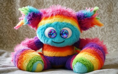 Rainbow Striped Plush Monster A colorful, rainbow-striped plush monster with soft plush fur, floppy arms, and big sparkling button eyes, looking cuddly and cheerful.