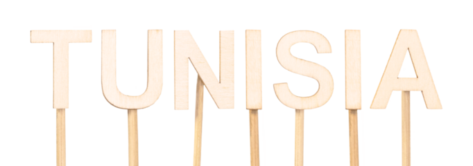 Simple decoration with the name Tunisia in light wooden letters