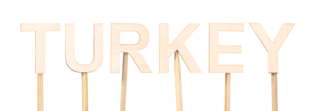 Wooden letters forming the word Turkey on a white-transparent background.