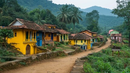 Fototapeta premium Colorful Village Homes Nestled in a Lush Mountain Valley