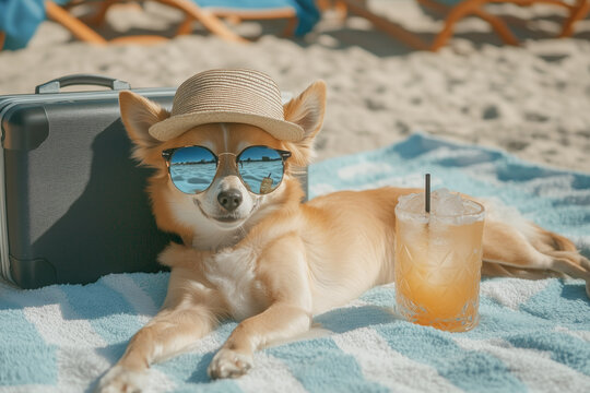 Stylish dog relaxing on sunny beach, wearing trendy sunglasses and straw hat, lying on towel next to refreshing iced drink. Summer vacation vibe with charm and humor, for travel, leisure, pet themes