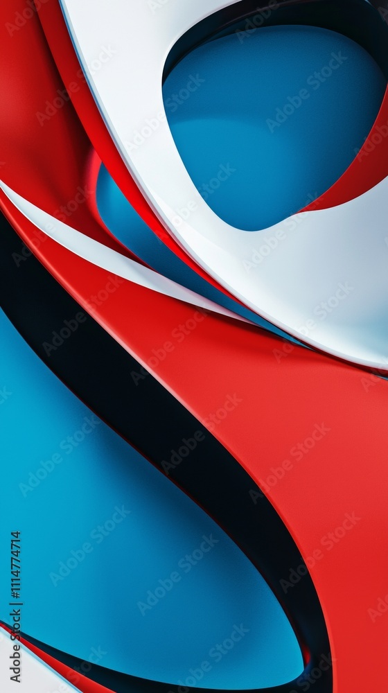 Poster smooth, glossy ribbons in shades of red, white, and blue intertwine and flow, creating a dynamic and
