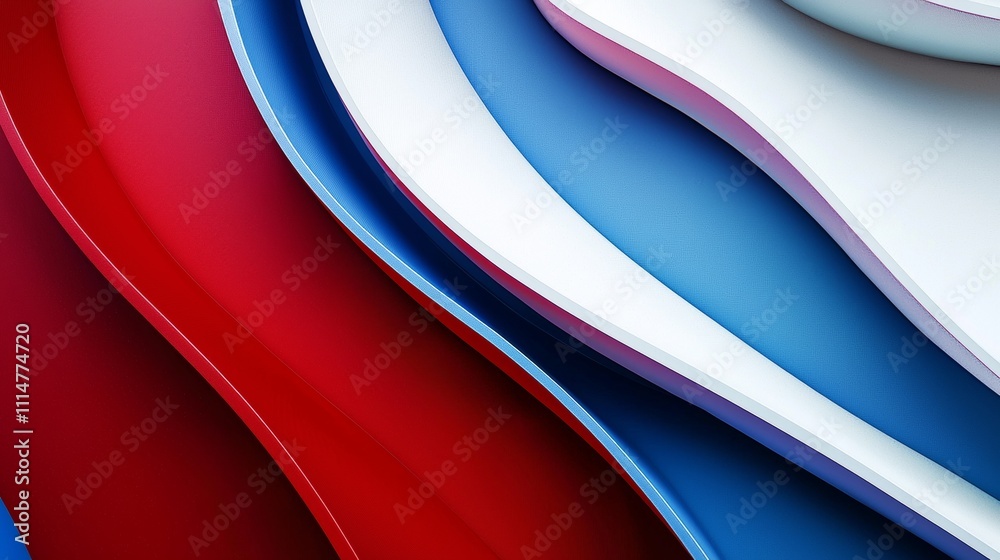 Poster abstract background featuring smooth, flowing diagonal waves in vibrant red, white, and blue, creati