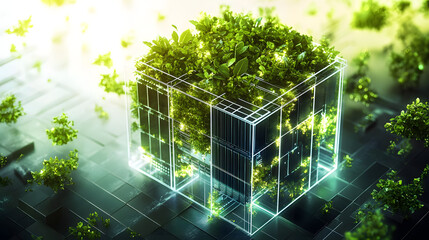 Illustration of a server blades cube with green nature over it representing the possibility of green ecological technology