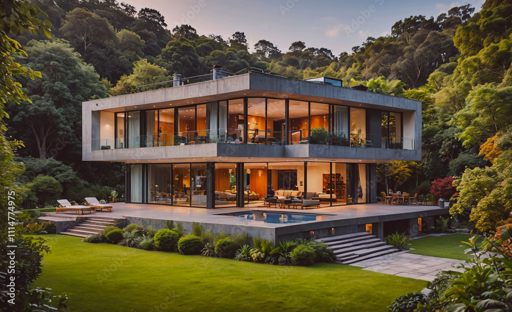 Aufkleber large house with a pool and a large lawn. the house has a lot of windows and a balcony