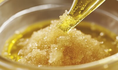 Crystallized grains of sugar being mixed with olive oil creating a gritty yet moisturizing scrub that is gentle on the skin.
