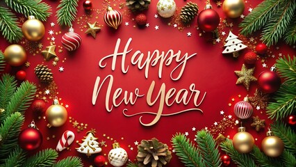 red background surrounded by christmas decorations with happy new year written in the middle
