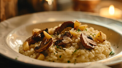 A delectable serving of velvety risotto enriched with sautéed mushrooms, topped with freshly grated parmesan and fragrant herbs for added flavor